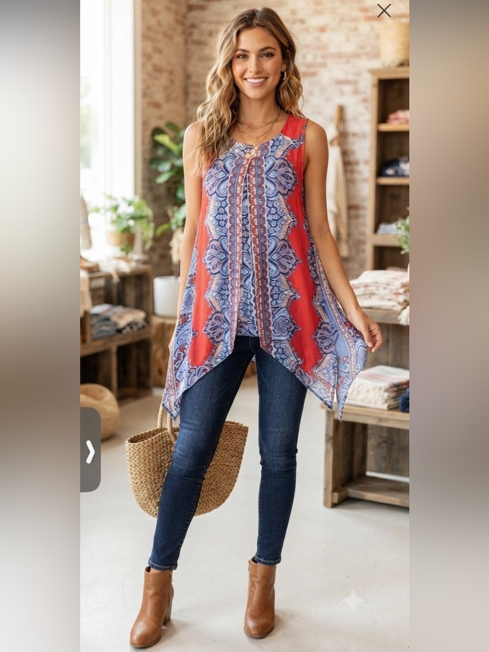 Tantrums Red Blue White Paisley Chiffon Tunic Blouse Round Neck Sleeveless M